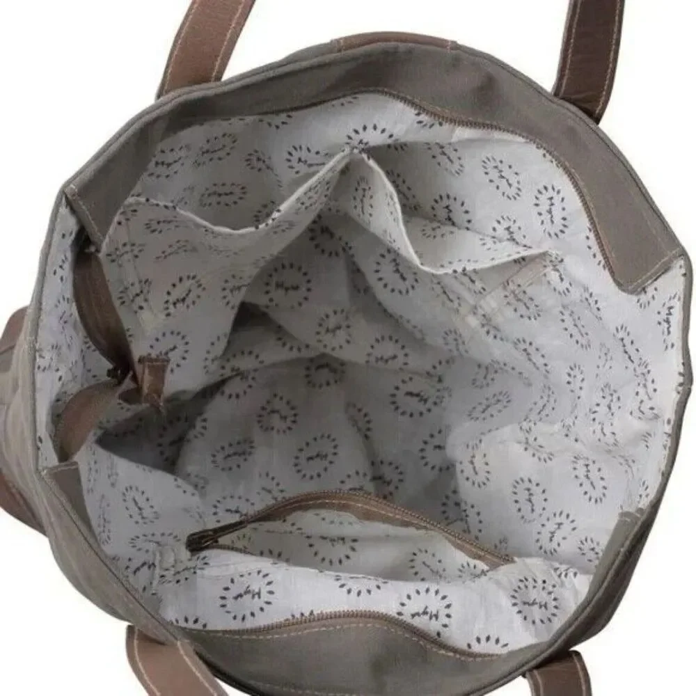 Myra Bag Handmade Time Tote Bag Upcycled Canvas & Cowhide Leather